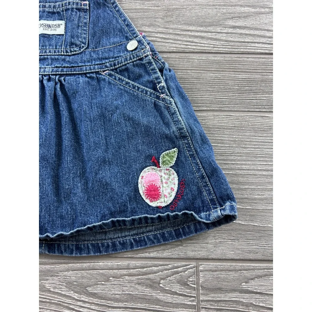 OshKosh Bgosh Baby Girls Denim Jumper Dress Embroidered Cat Apple Size 3-6M